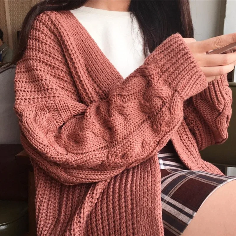 Oversized Knit Sweater Brown  Autumn Winter New Women Korean Fashion Sweet Long Sleeve Twisted Knitted Coat Sweater Cardigan