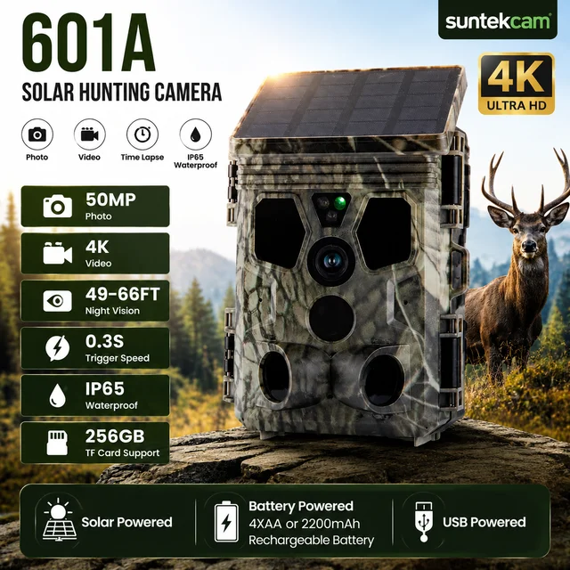 Suntekcam HC-601A Solar Powered Hunting Camera 4K 50MP Trail Camera 20m Night Vision IP65 Waterproof Wildlife Scouting Camera Suntekcam HC-601A Solar Powered Hunting Camera 4K 50MP Trail Camera 20m Night Vision IP65 Waterproof Wildlife Scouting Camera