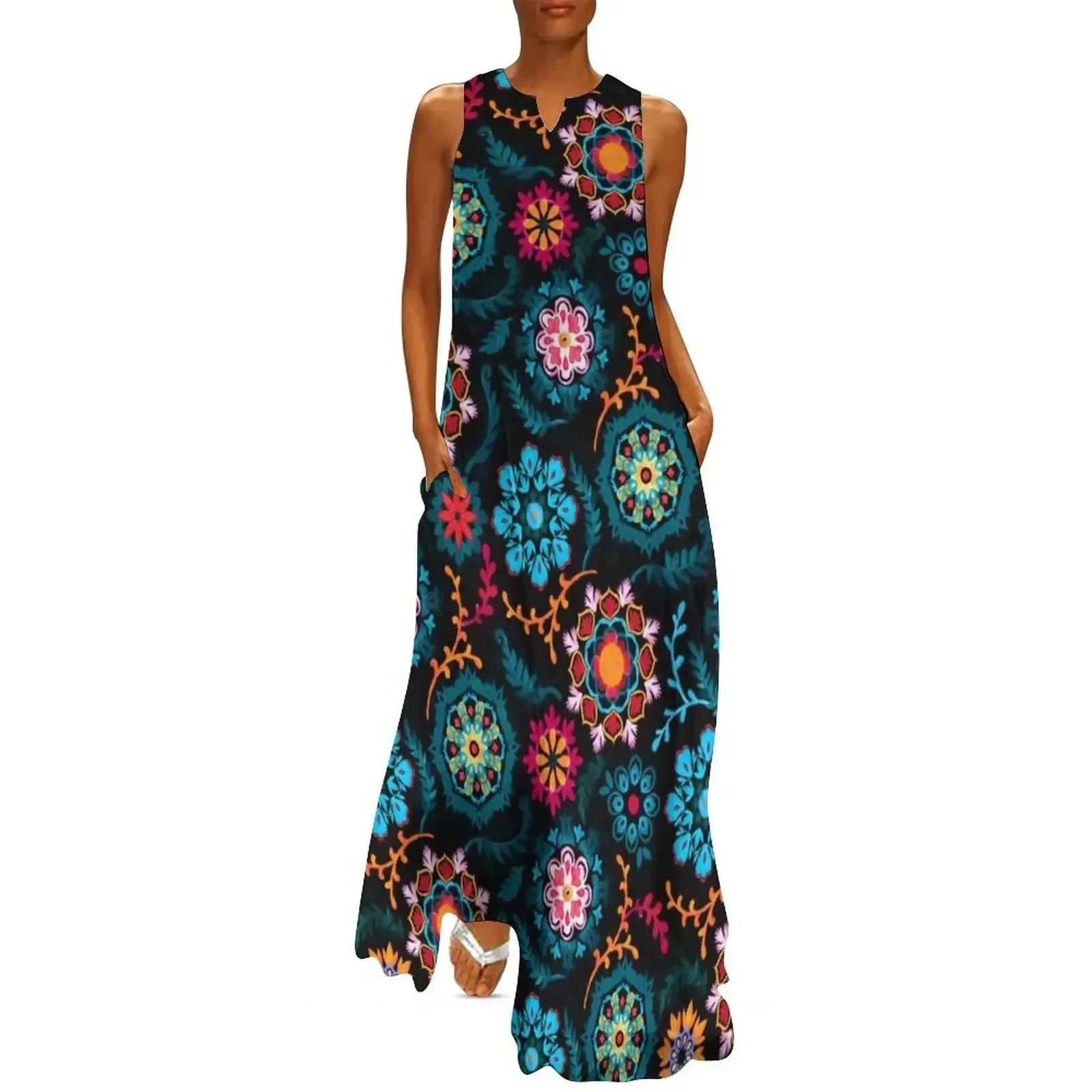 

Suzani Inspired Pattern on Black Long Dress Long veiled dresses summer dress daily Women's summer skirt Dress