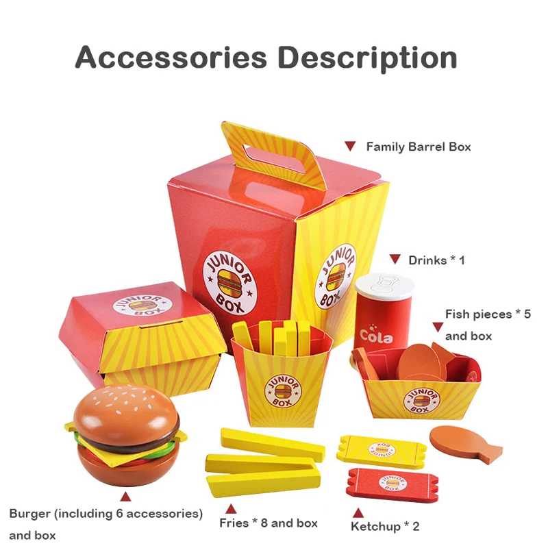 Children\'s simulation food toy set, wooden simulation burger, fries, wooden blocks, role-play, kitchen/shop, early learning toys