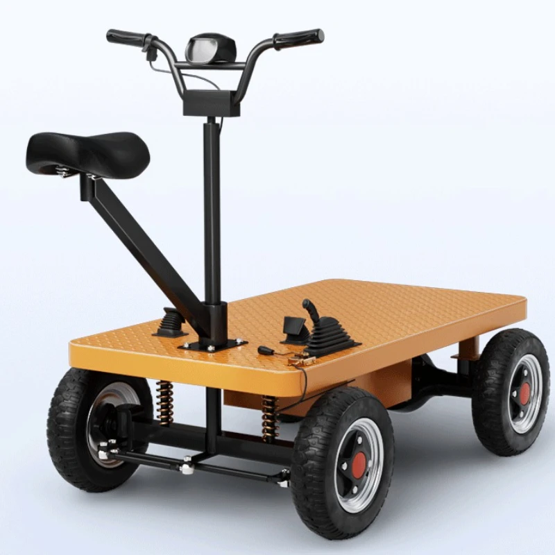 

Front and back riding four-wheeled electric flatbed truck handling site pulling bricks warehouse pulling goods load hand pushing