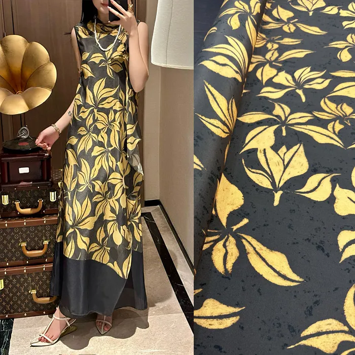 Black Base Gold Magnolia Floral Print Silk Stretch Crepe De Chine Fabric Mulberry Silk Material for Dresses 140cm wide blouse