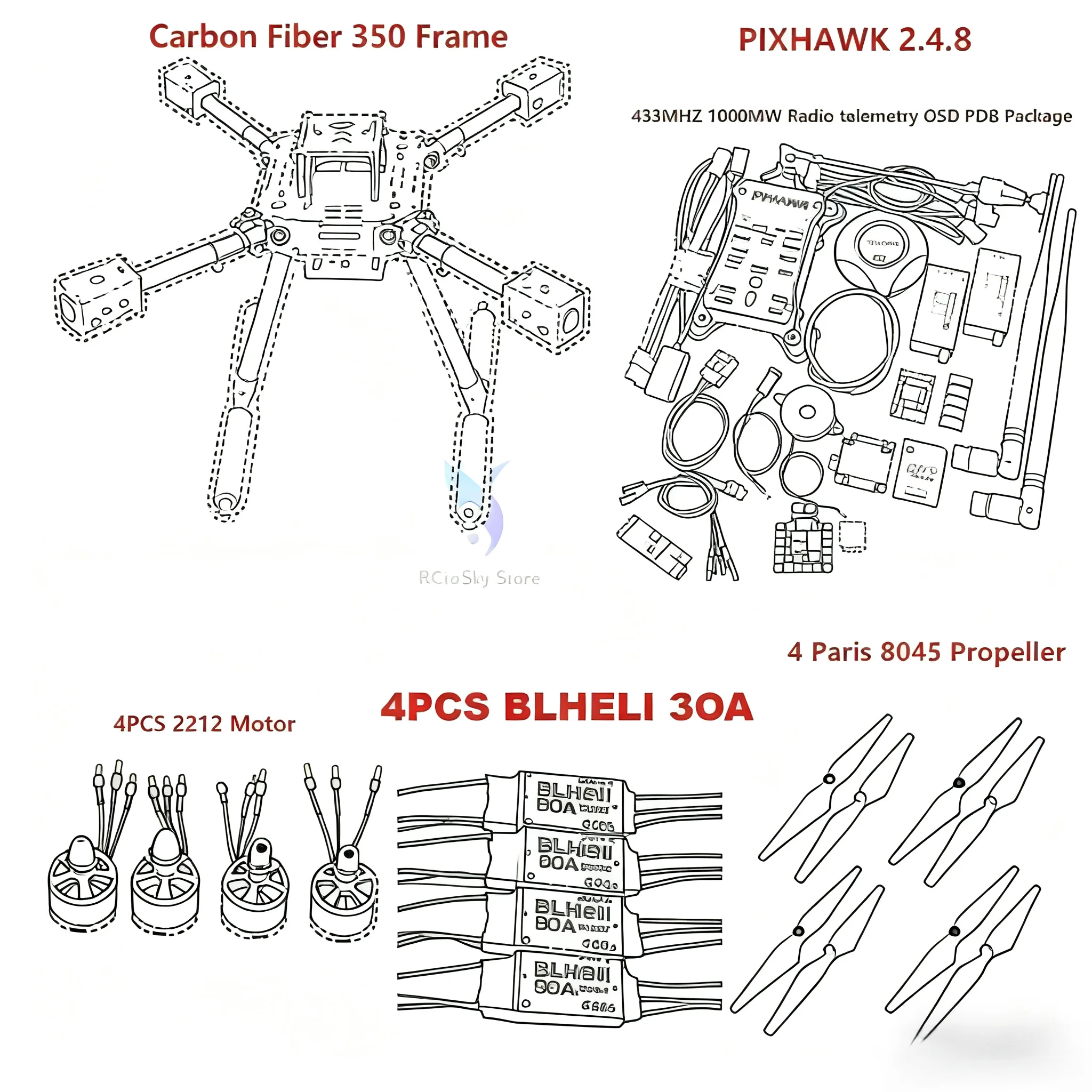 

F350 PIXHAWK2.4.8 M8N Комплект рамы из углеродного волокна для управления полетом Ardupilot 100 МВт Радиотелеметрия Квадрокоптер BLHELI 30A ESC 2212 Двигатель