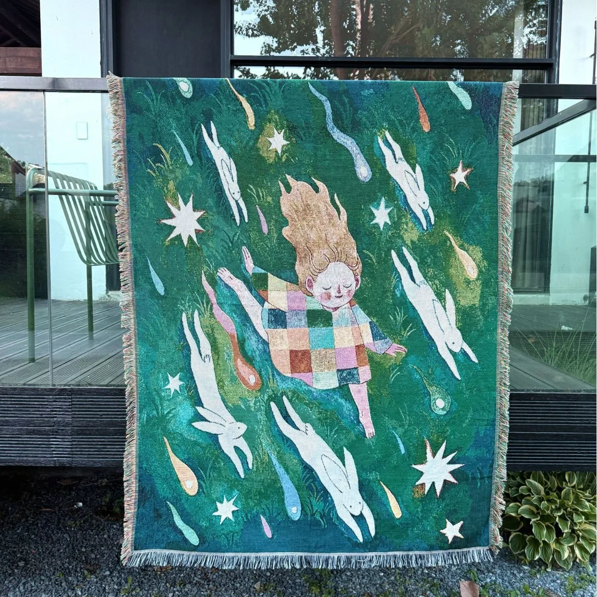 Girl and Rabbit Anti-scraping Sofa Cover Jacquard Gift Blanket, Nap Cotton Yarn Sofa Throw Tapestry Blanket Camping Beach Towel