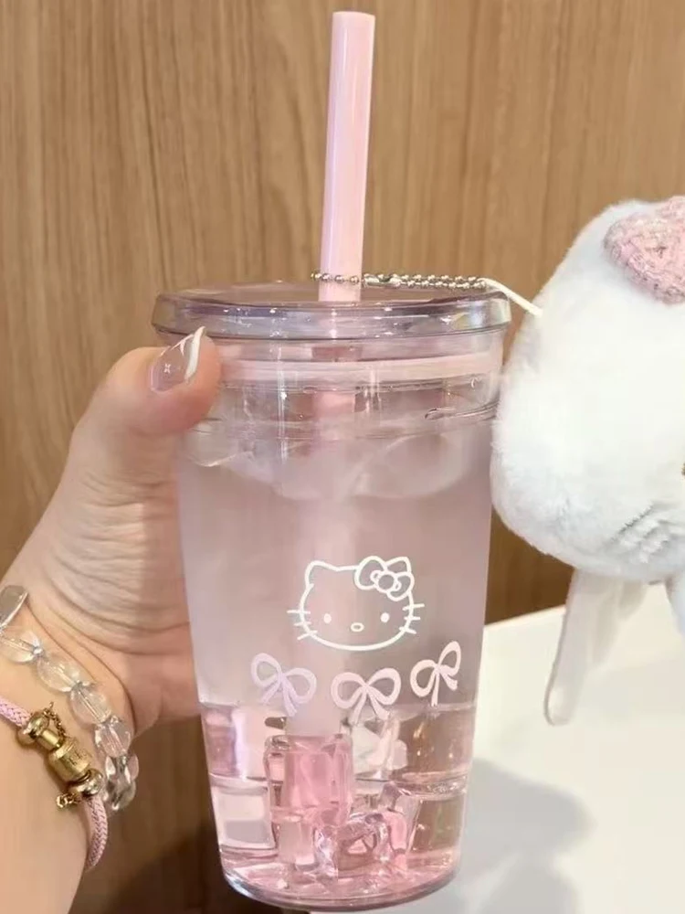 Sanrio Hello Kitty tasse de paille rose tasse d'eau en plastique Transparent de grande capacité tasse Portable en plastique Kawaii cadeaux de noël