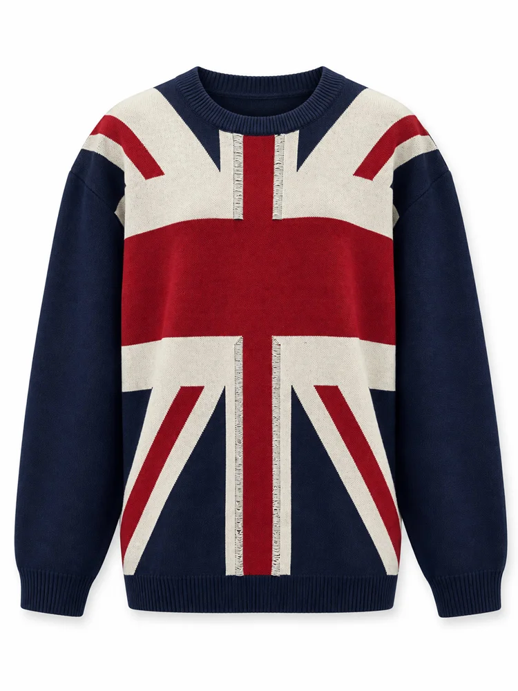 Winter Damen Retro-Ästhetik Streetwear Union Jack Jacquard Farbblock Fransen Rundhals Thermischer Langarm-Strickpullover