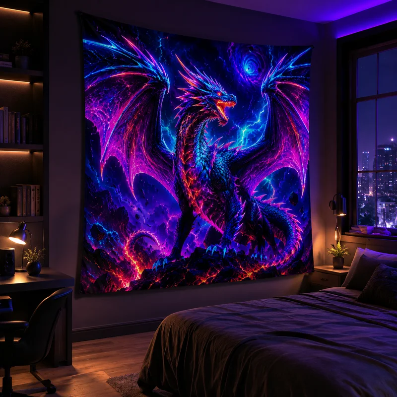 VIKAMA Kosmischer Drache Wandteppich Neon-Blitz Dunkle Ästhetik Gaming Wandbehang Fantasy Jungenzimmer Deko Geschenk