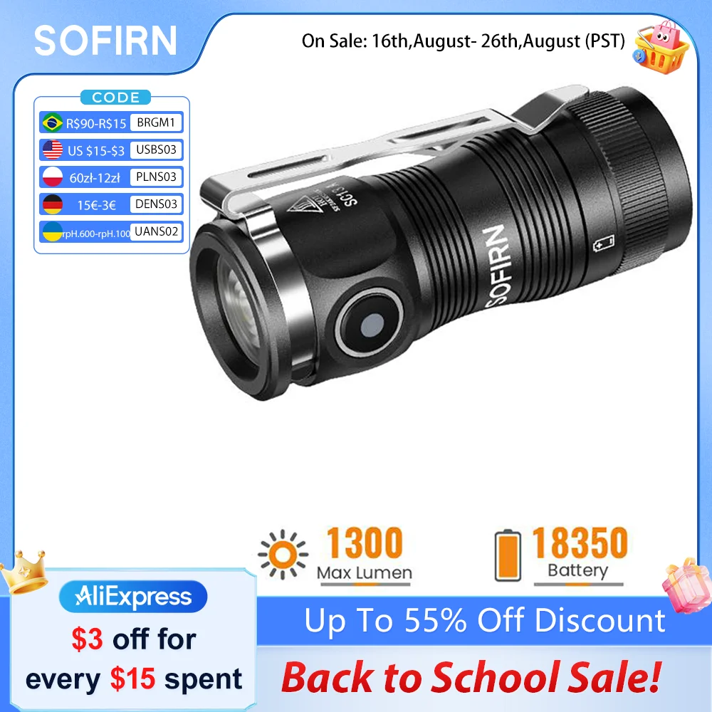 Lanterna Mini EDC SOFIRN SC13A Preta 519A LED 1300lm Anduril 2.0 18350 5000K Chaveiro de Emergência