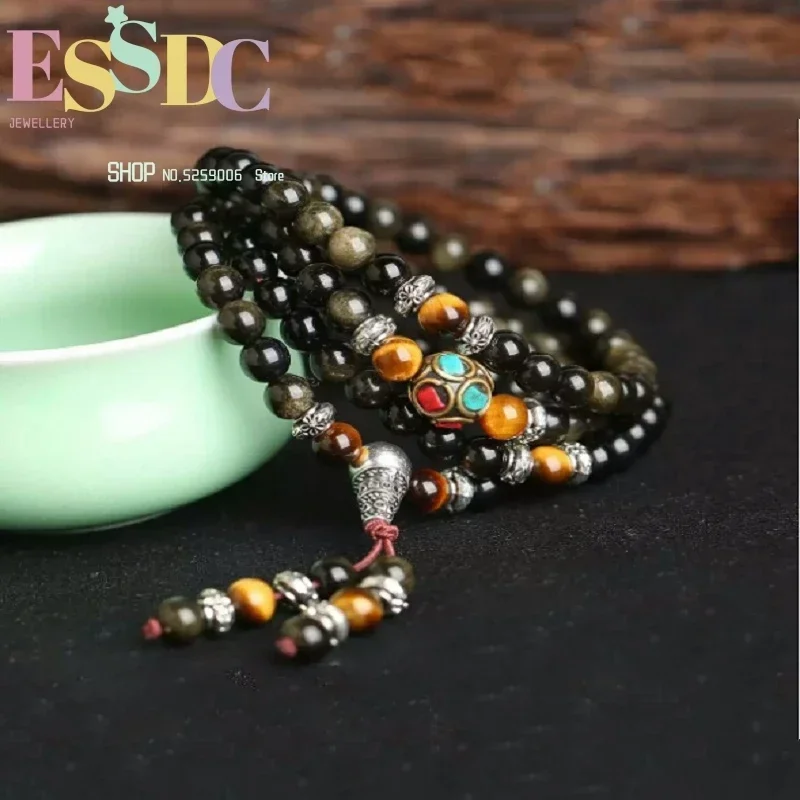 Dropship 6mm Genuine Golden Obsidian 108 Beads Prayer Mala Nepal Cooper Charm Tiger Eye Stone Men & Women Meditation Bracelet