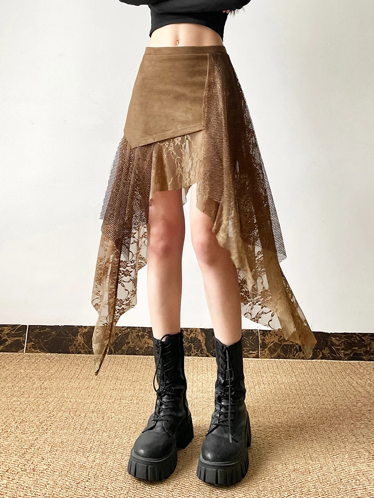 

Weird Puss n Vintage Brown Irregular Lace Splicing Skirt Women Faionable All-Match ort Skirt Low Waist