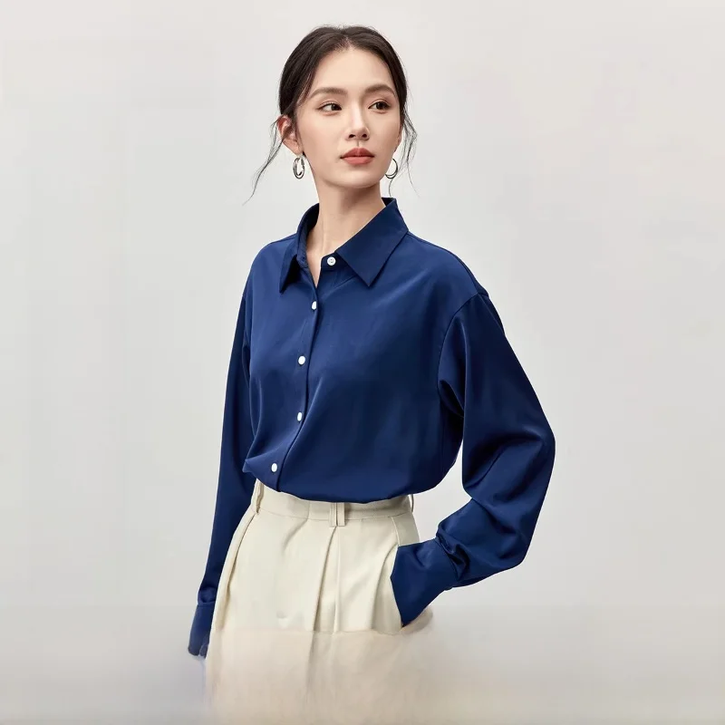 

Ele Commute Long Sve irt Women's Flip Collar oulder Drape ell Button Arc Hemline Top Polyester Fiber Warmth