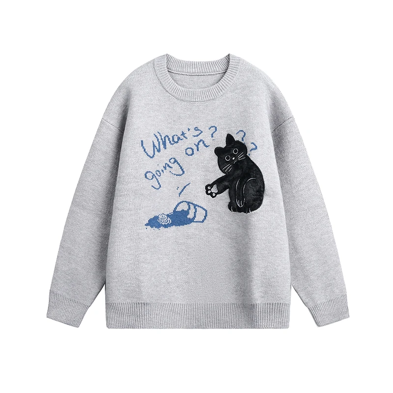 Autumn Winter New Men's Cartoon Cat Pattern Round Neck Loose Casual Gray Blue Sweater Black Long Add Velvet Skinny Pants