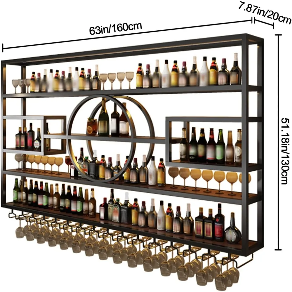Metalowy stojak na wino montowany na ścianie, wisząca półka na butelki wina o dużej pojemności 4-poziomowe półki do przechowywania alkoholu do domowego baru 63 cale