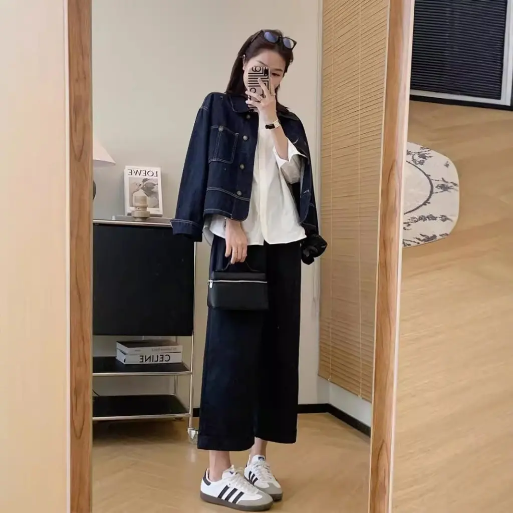 

Dading Retro Topstitch Lapel Flap Pocket Denim Jacket Loose Casual Urban Style Women's Homemade Anti-Fading Outerwear