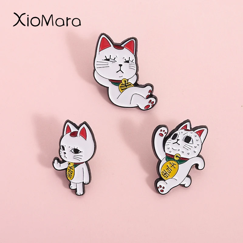 White Cartoon Anime Lucky Cat Enamel Pin Running Resting Cat Metal Brooch Interesting Anime Characters Badges Clothes Jewelry