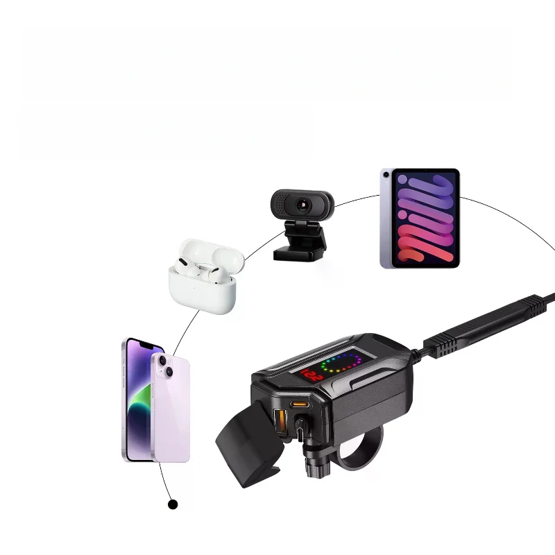 1Pcs LED Voltmeter Handlebar & Mirror Mount Motorcycle USB Charger 3-in-1 Fast Charging With Retractable Type-C Cable