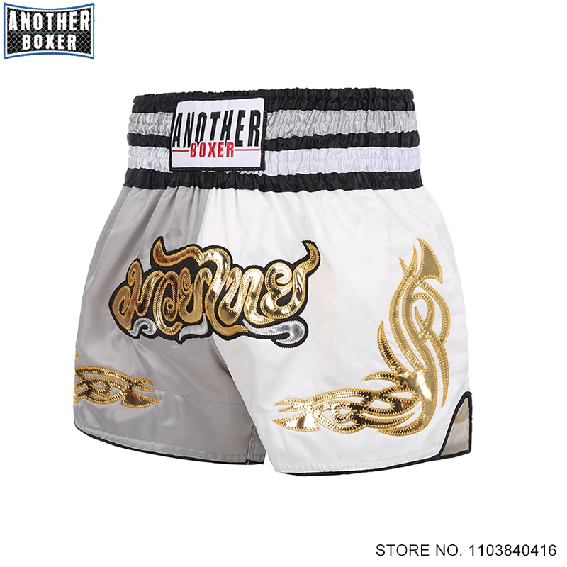 Muay Thai Shorts Men Women Gray Boxing Pants Child Satin Embroidered Martial Arts Clothing Kickboxing Grappling Cage Fight Pants