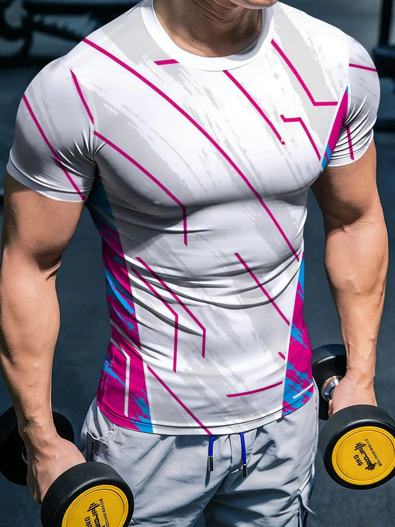 Men Quick Dry T-shirt High Elastic Pink Blue Broken Line Geometric Print Short Sleeve Breathable Crew Neck Tee