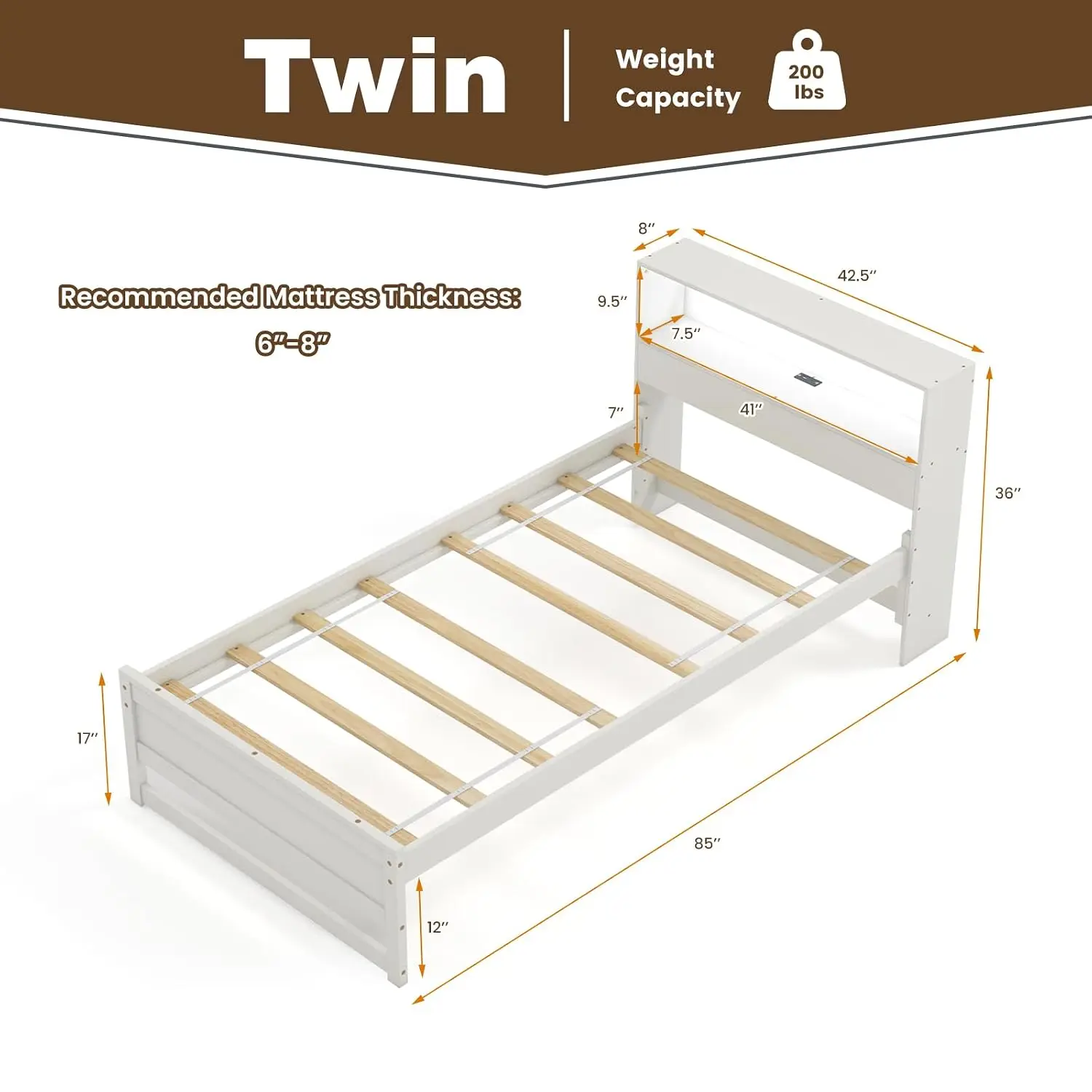 Twin Size Wood Platform Bed Frame with Charging Station & LED Light, Platform Bed with Storage Headboard & 12” Under-Bed Space