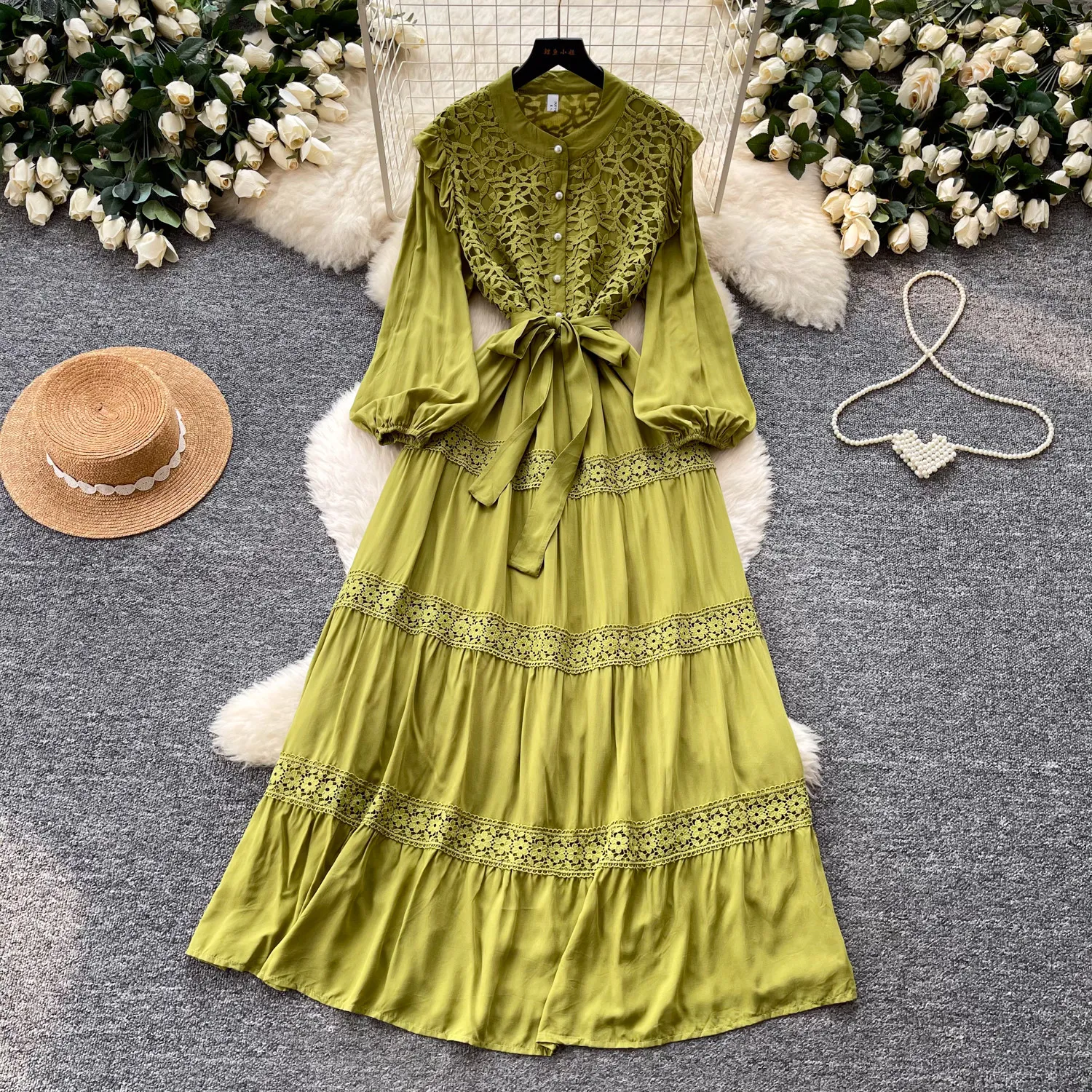 

Women Dress Long Dresses A Line Vestidos Lace Hollow Out Y2k Streetwear Round Neck Full Sleeve Elegant Tight Waist Party Night