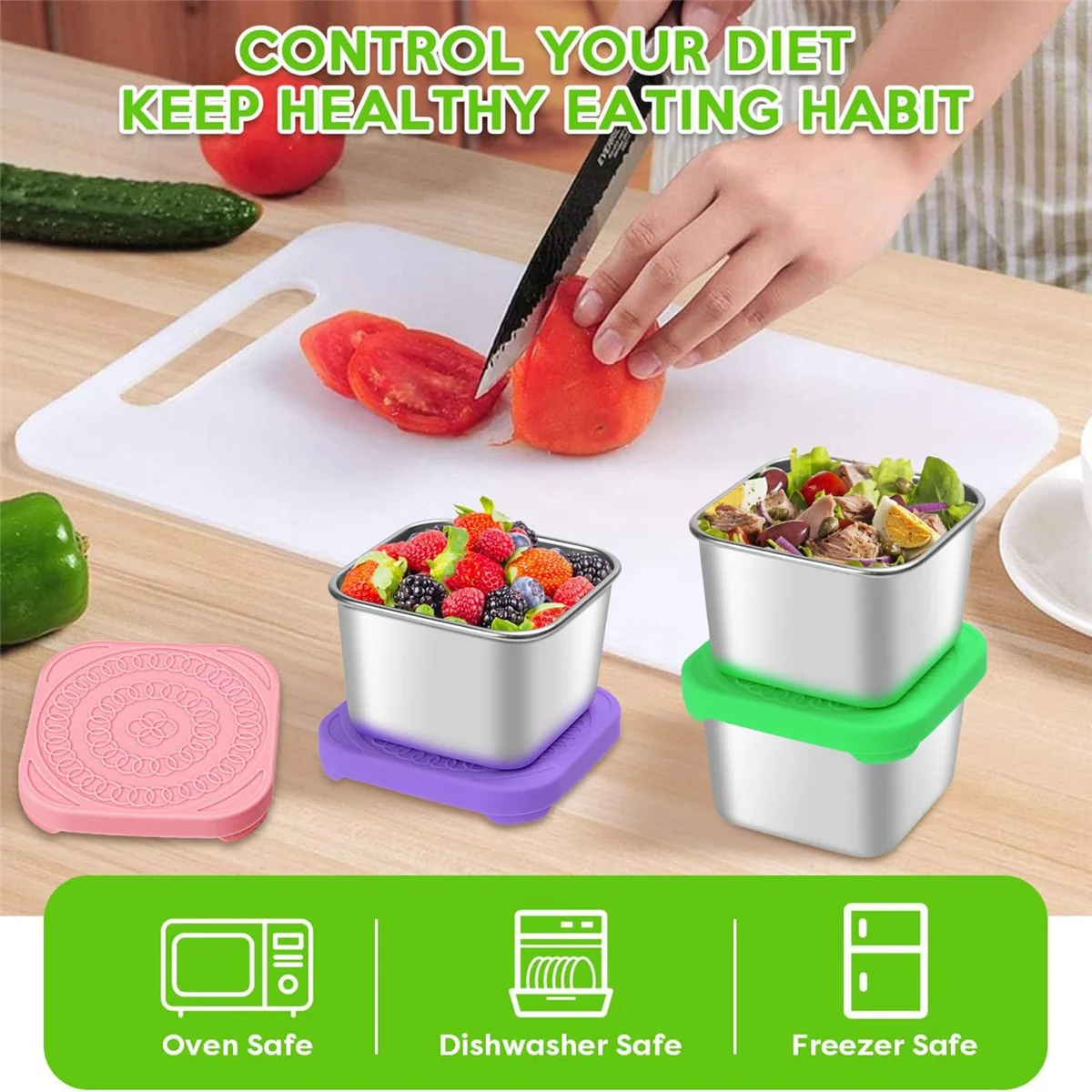 3Pcs 6Oz Stainless Steel Snack Containers, Snack Container with Silicone Lids, Leakproof 304 Steel Snack Lunch Box