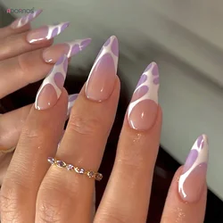24Pcs Purple Press on Nails Almond White French Fake Nails DIY Artificial Nails Tips for Women Wearable Nail Accessories 2025