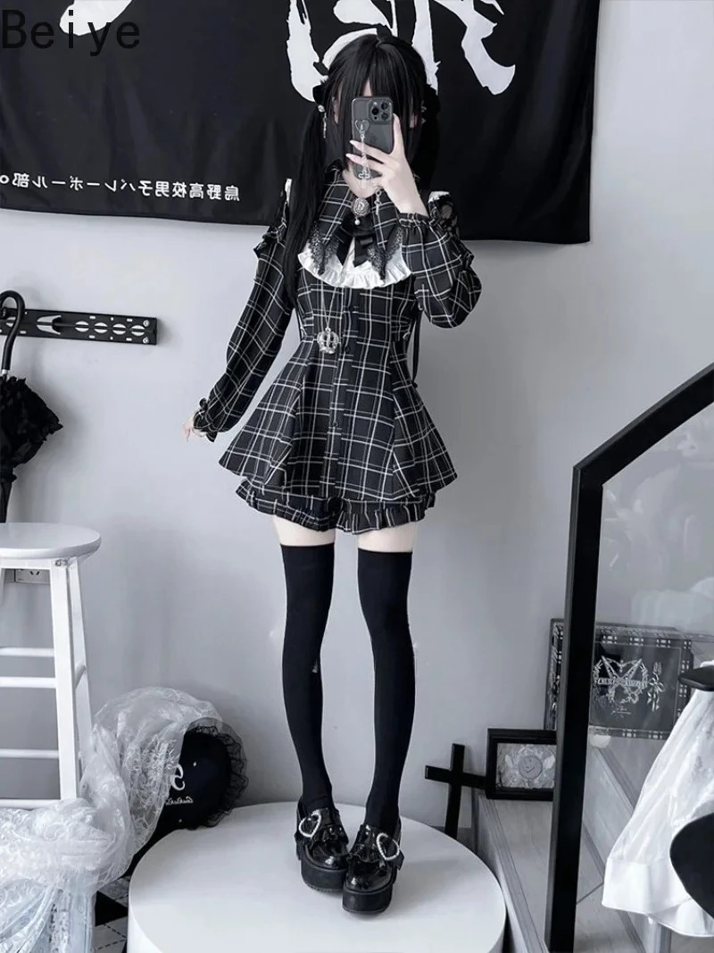 Japanese Kawaii Jirai Kei 2‑Piece Suit Women Plaid Lolita Dress Shorts Lace Ruffle Big Collar Sweet Gothic Party Costume Outfits