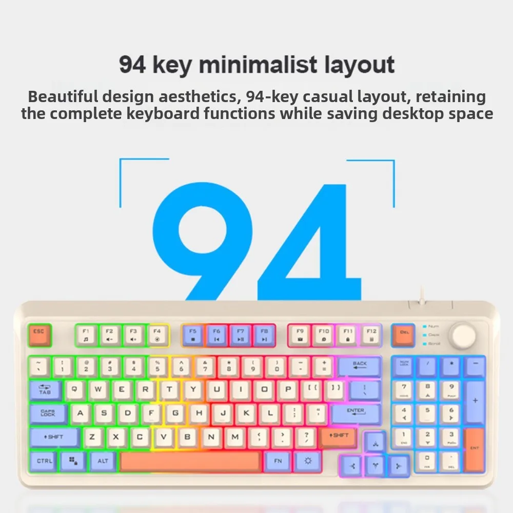 

Mechanical Feel Wired RGB Light Keyboard Adjustable Volume Mixed Color Design 94 Key RGB Keyboard Portable Independent Knob