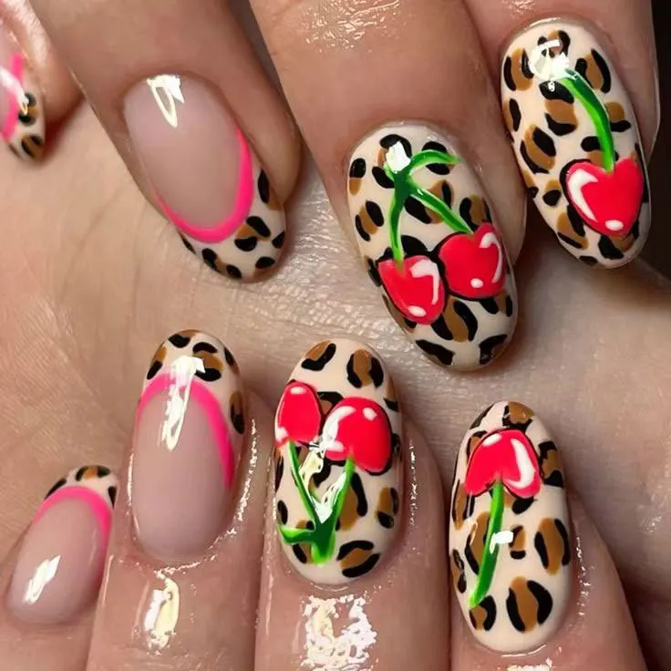 

24PCS Short Almond Press on Nails Leopard Cherry Pattern European American Sweet Cool Style French Edge Design False Nails Daily