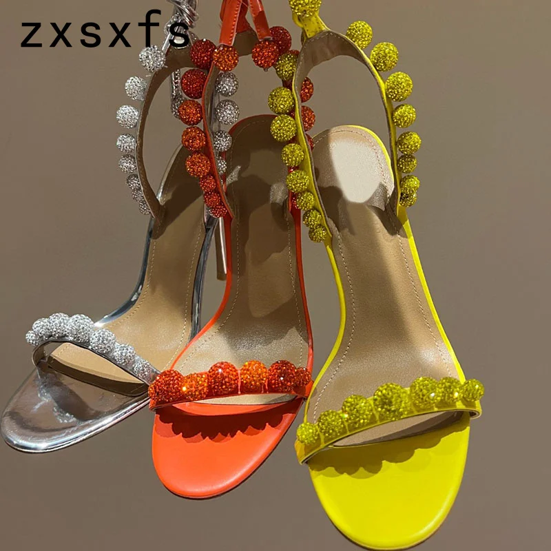 Luxury Crystal Ball High Heel Modern Sandals Women Runway Party Gladiator Shoes Real Leather Ankle Strap Summer Sandals Women