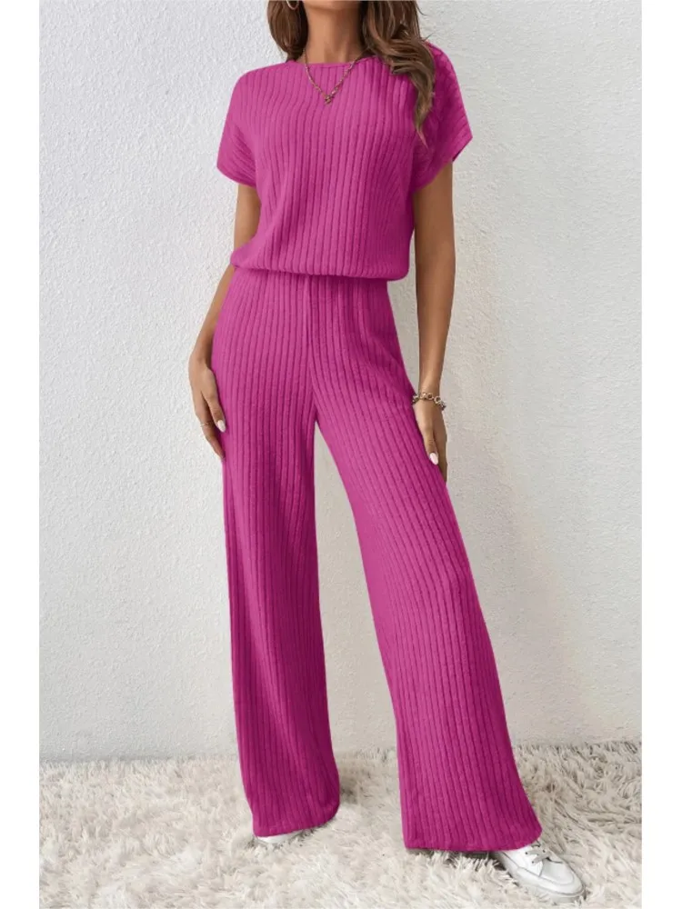 Elegant Short-sleeved Top + Trousers 2-piece Set For Women Fashion Autumn Winter Solid Color Short-sleeved Knitted Suit Female