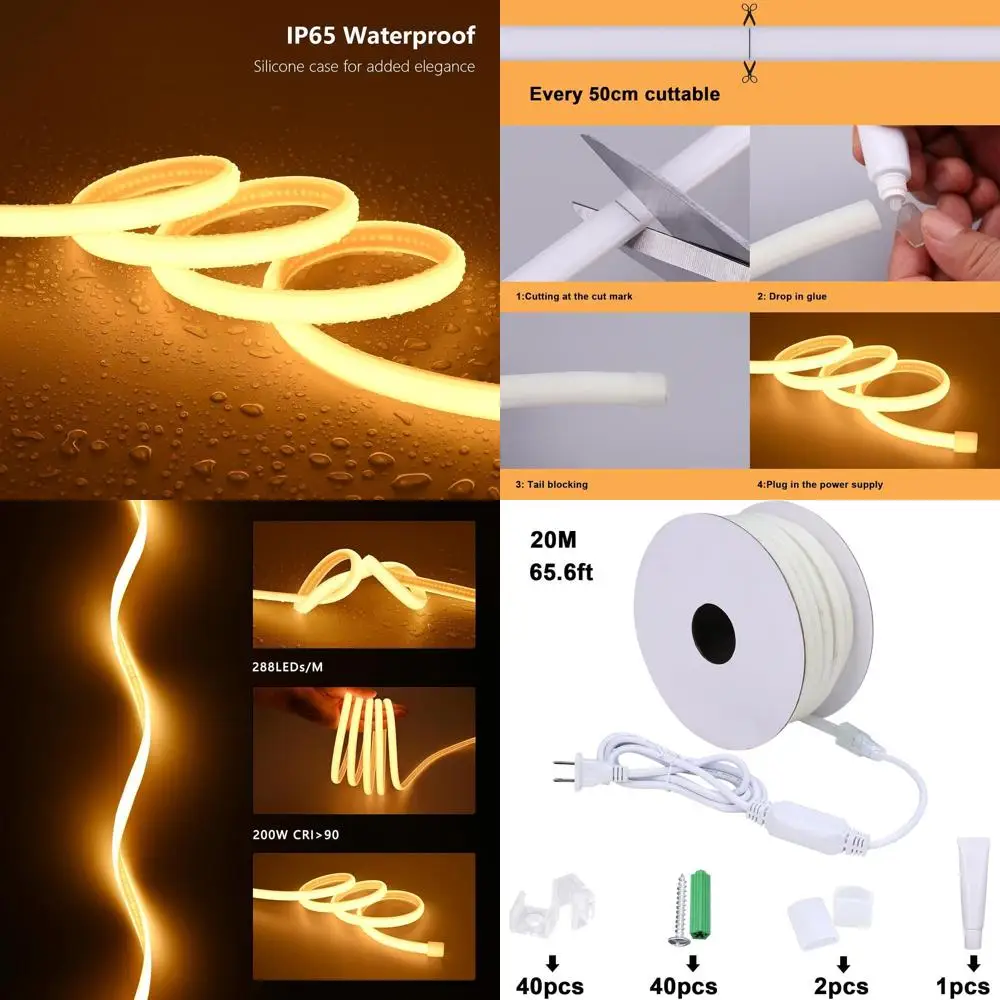

65.6ft 200W Warm White Waterproof LED Strip Light, 2700K, 90+ CRI, Flexible and Cuttable for Indoor & Outdoor Use