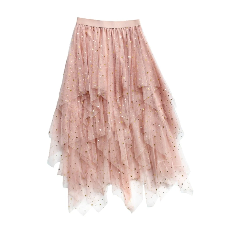 ผู้หญิง Star Sequins สูงต่ำไม่สมมาตร Midi ยาว A-Line ตาข่าย Tulle กระโปรง