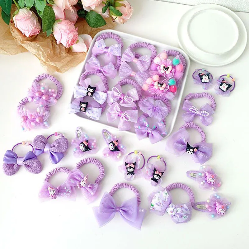 Sanrio 10Pcs Kuromi Bow Hair Ties Purple Butterfly Girls Elastic Hair Bands Kawaii Cartoon Kuromi Hairpins Princess Headwear Toy