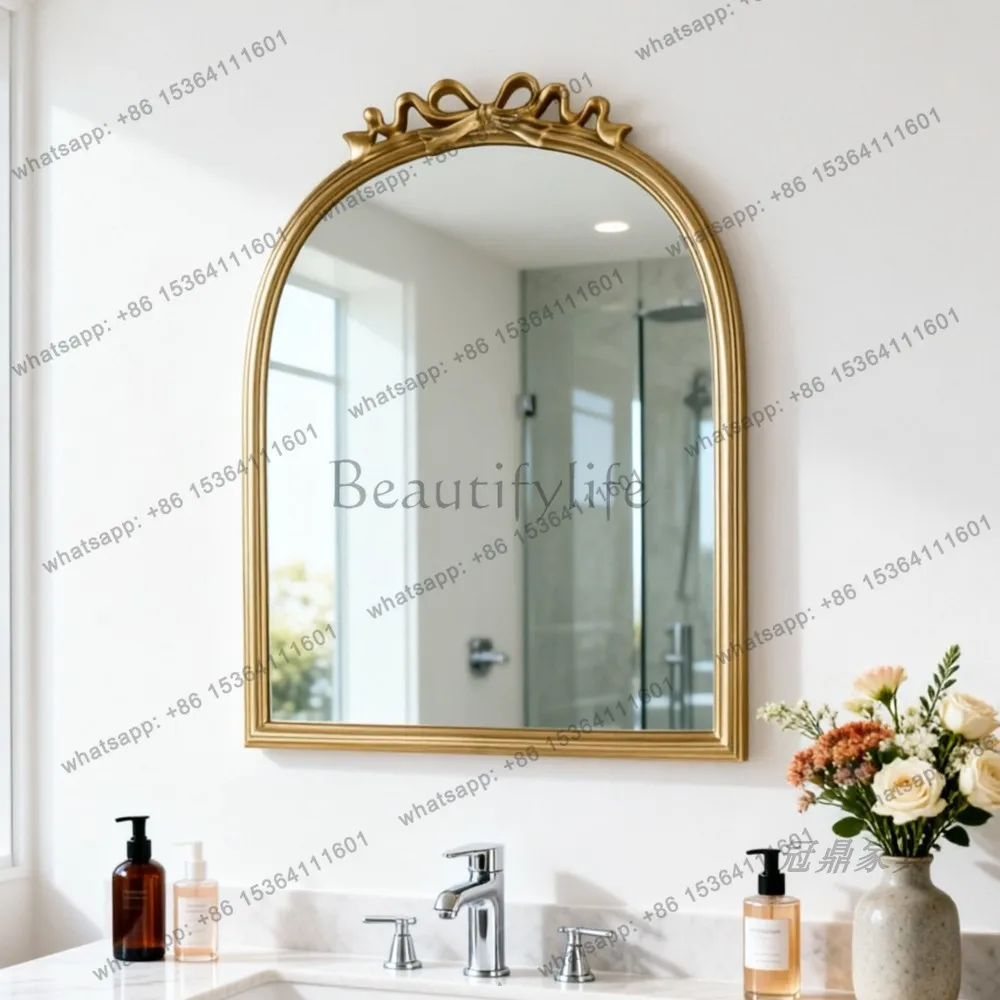 YJ American Retro Arch Wall Mirror Bow Decoration Mid‑Century Vanity Unit For Bedroom Dressing Table Hotel Bathroom Decor