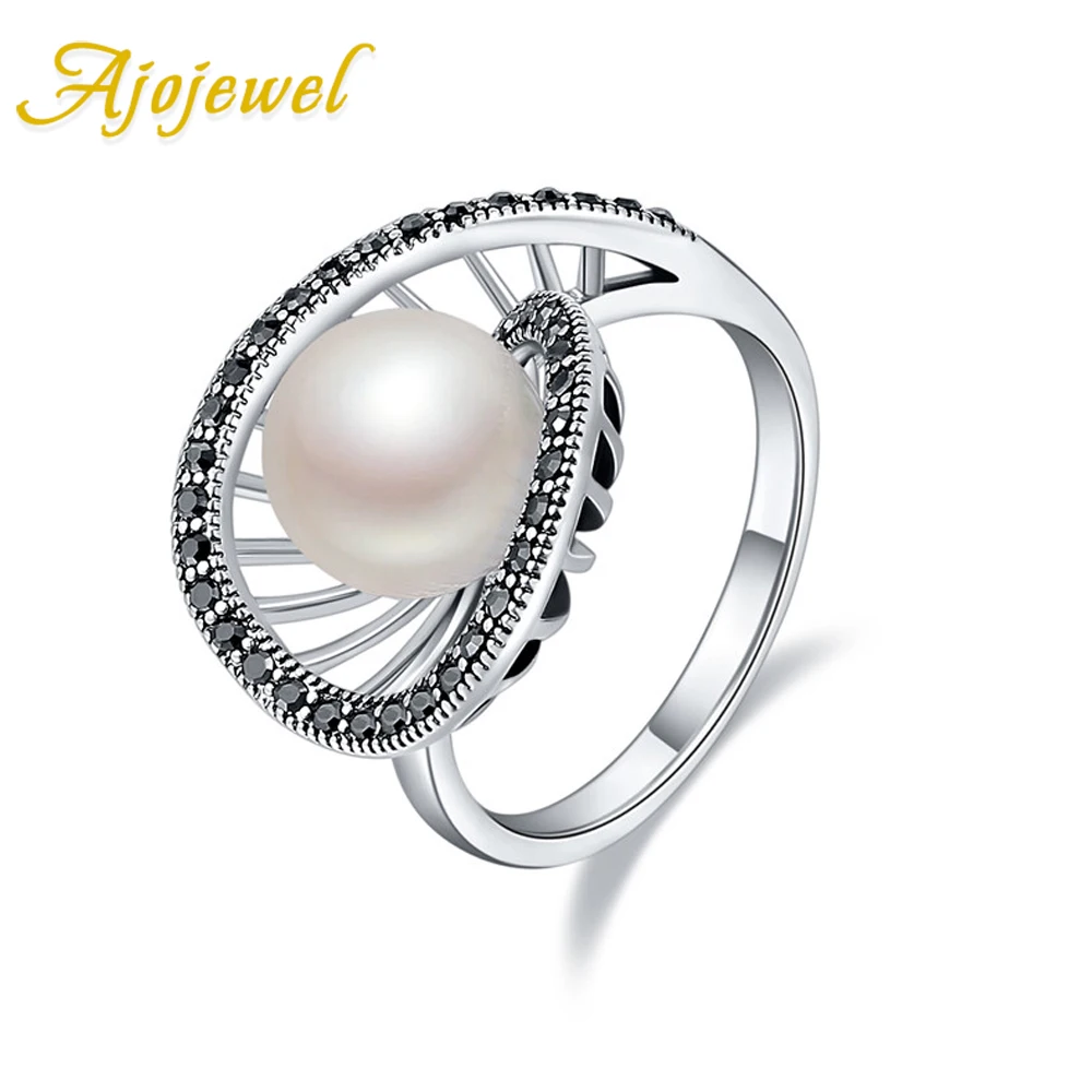 Ajojewel Geometric Hollow White Pearl Rings For Women Vintage Anel With Black Rhinestone Retro Jewelry Antique Accessories