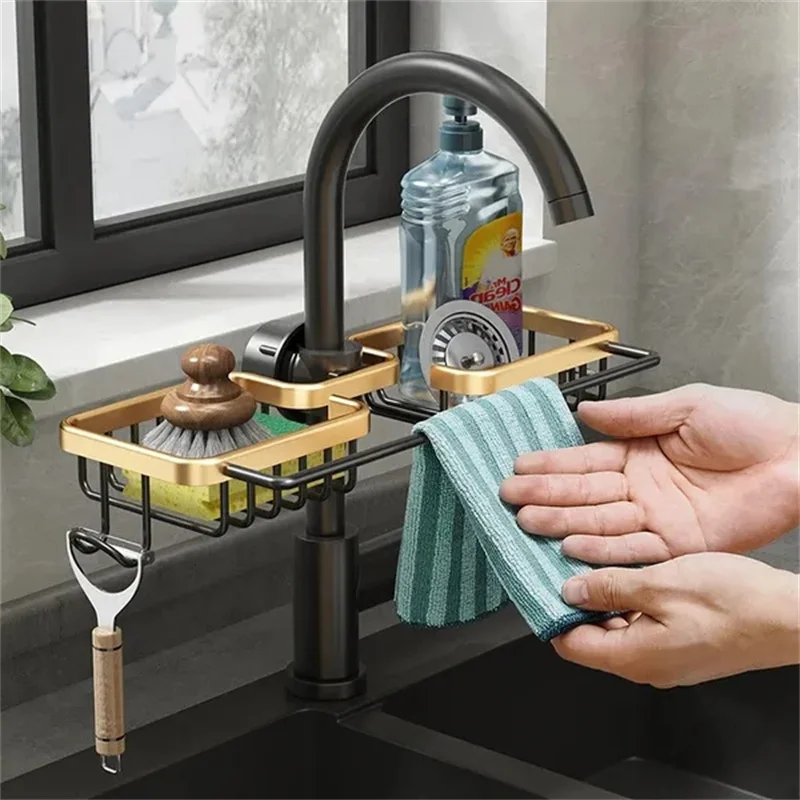 Kitchen Space Aluminum Sink Drain Rack Sponge Storage Faucet Rack Holder Soap Drainer Shelf Basket Organizer Kitchen Accessories