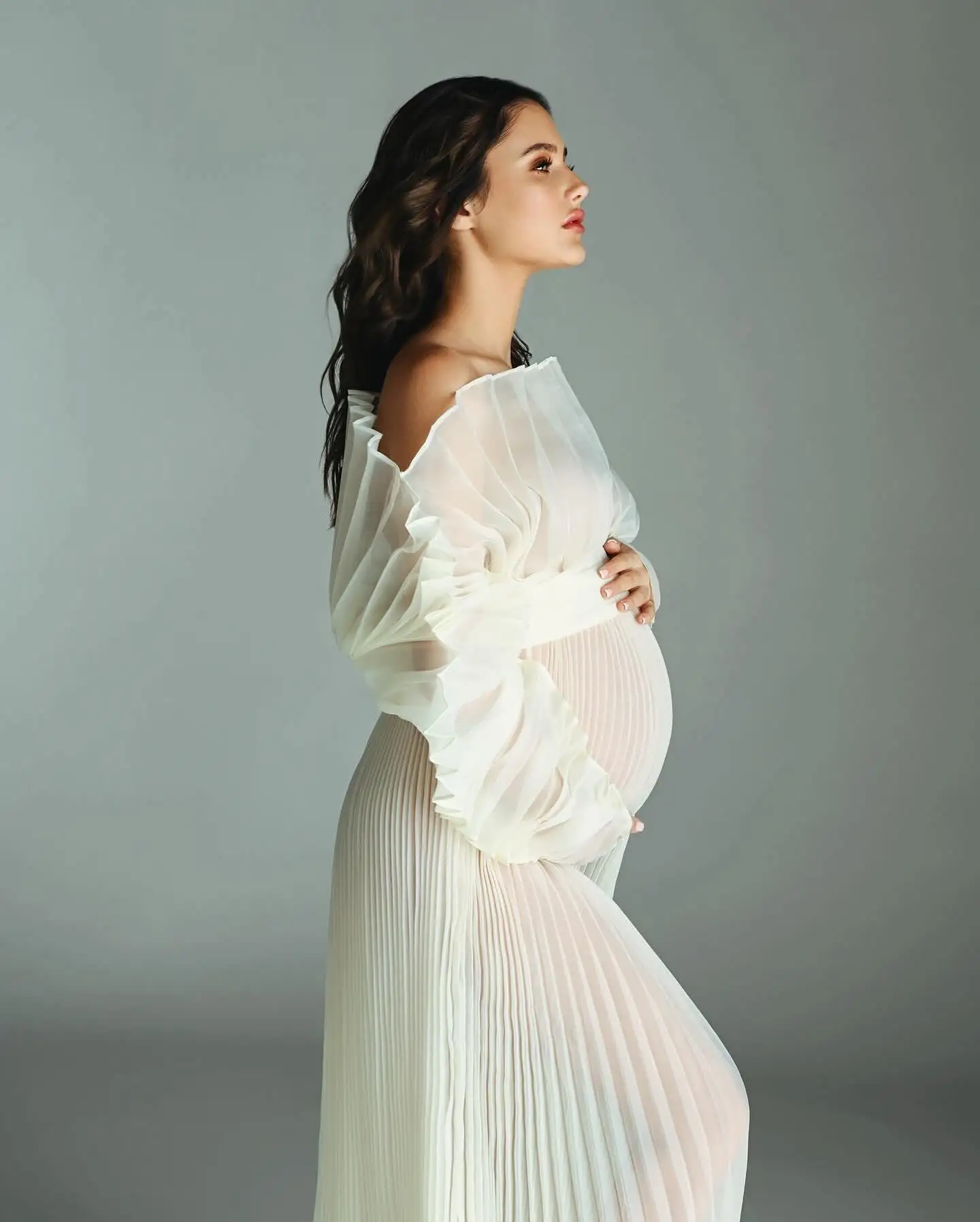 Fashion See Thru Folds Long Maternity Photography Dresses Pleated A-line Women Babyshower Dress Maxi Robe Custom Made