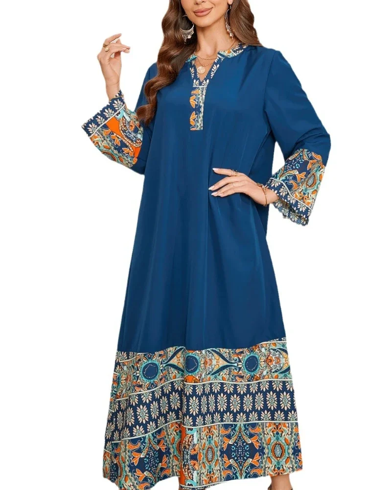 Eid Summer Print Dress for Muslim Women Ramadan Abaya Long Dress Morocco Kaftan Vestidos Largos Dubai Turkey Robe Jalabiya 2024