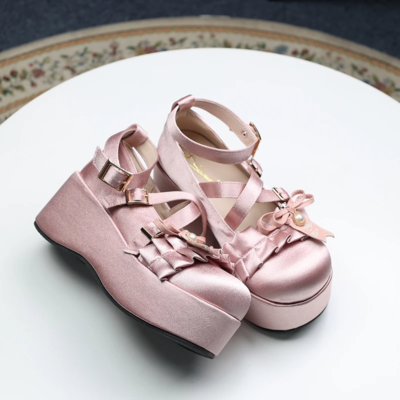 Cute Lolita Women's Shoes 2024 Spring and Autumn Girls Pleated Satin Platform Shoes Thick Bottom Chunky Heel Pumps