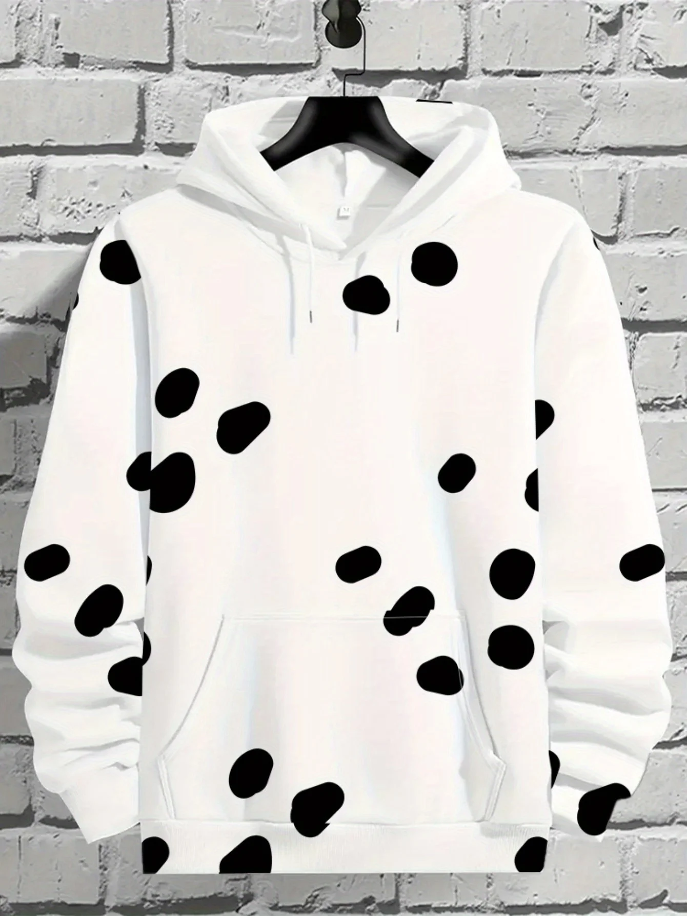 Men White Drawstring Hoodie Irregular Black Polka Dot Print Pocket Casual Long Sleeve Street Pullover Sweatshirt