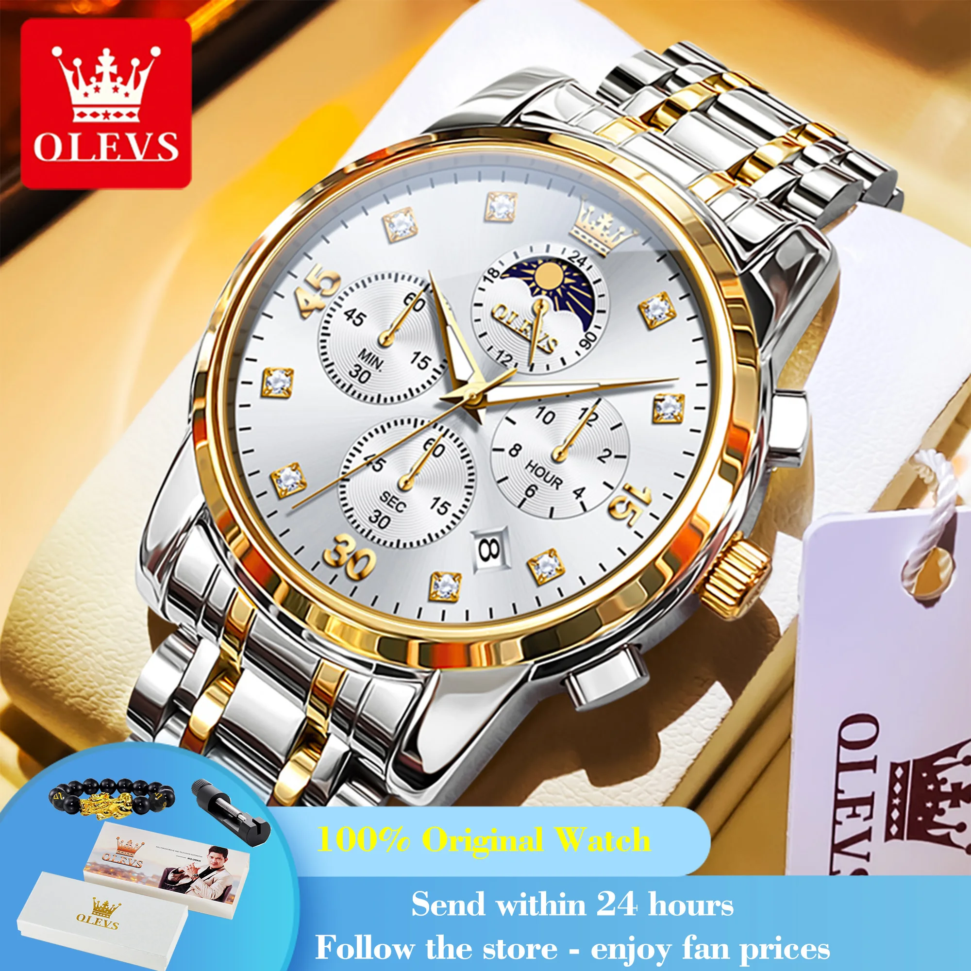 

OLEVS 3652 Date Men Watch Luxury Original Quartz Business Wristwatch Chronograph Moon Phase Waterproof Luminous Watch For Men