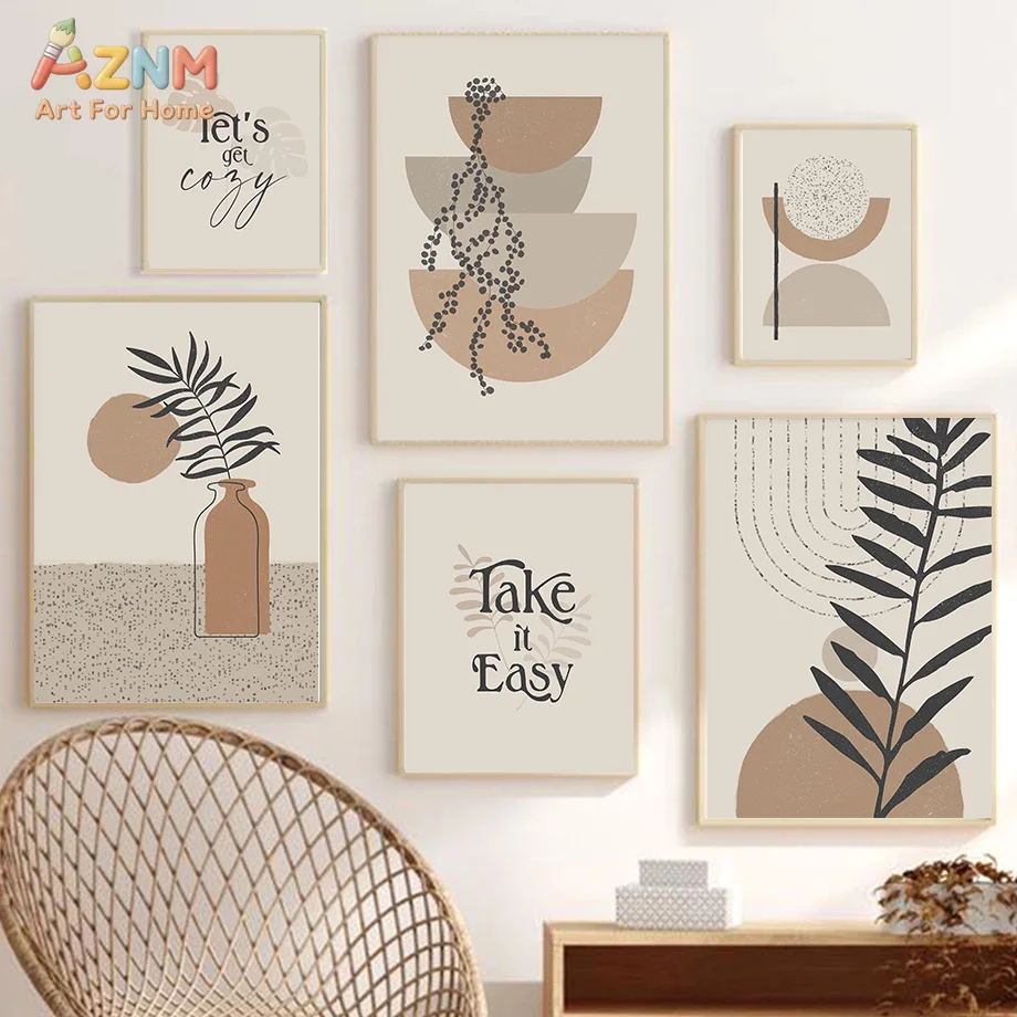AZNM Affiche sur toile abstraite bohème neutre, art mural sans cadre, forme géométrique, feuille de palmier, vase, texte inspirant imprimé pour le salon