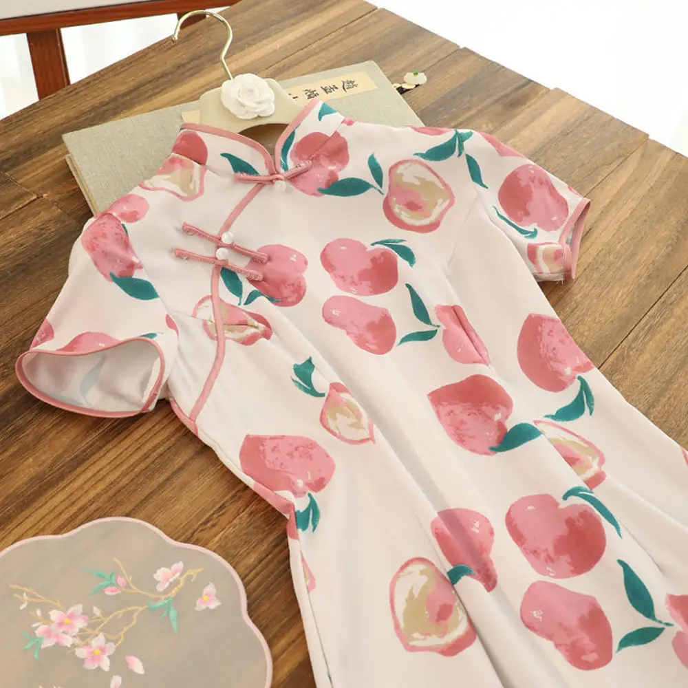 Cheongsam Fashion Women Peach Print Dress Vintage Short Sleeve Elegant Sweet Dress Women Qipao Party Dress Dresses Women