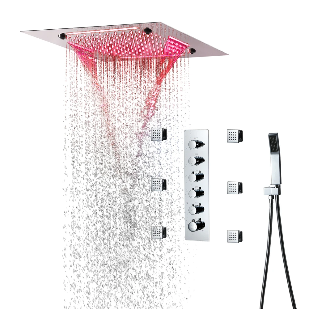 Beyoon Wall Mount Chrome Brass Contemporary Bathroom Shower Faucet Set with Massage Rain Waterfall Mist 20-Inch LED Shower Head