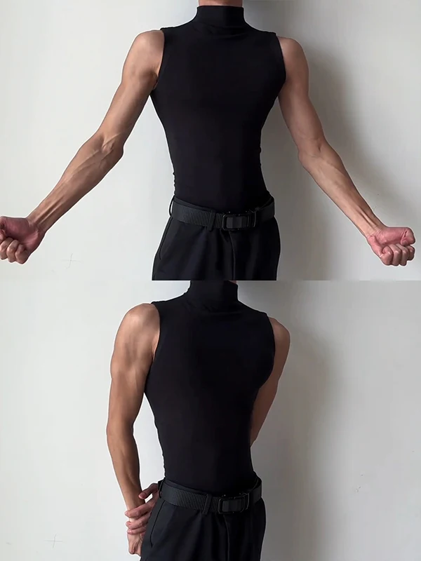 Black High Collar Sleeveless Vest Men's Fitness Sport T-Shirt Absorbing Sweat Summer Elastic Slimming Muscle Displaying Top
