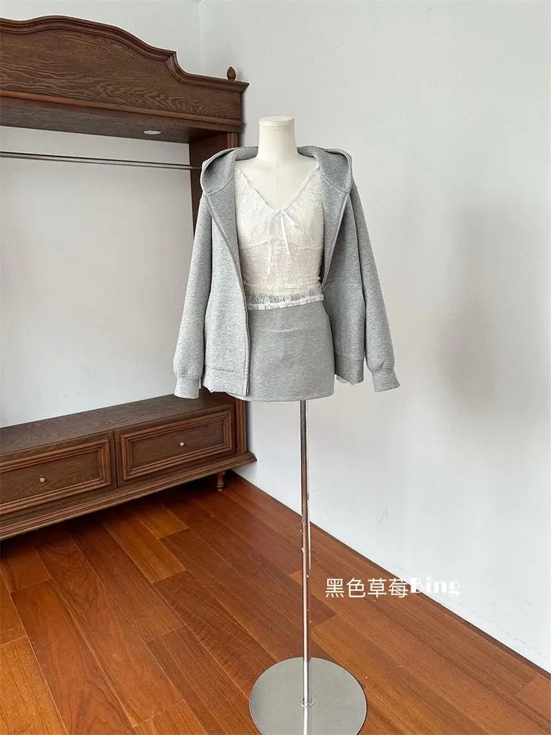 Autumn Korean Sweet Style Black Fungal Edge Lace Splicing Hoodie Coat Loose Casual Versatile Zipper Top Female Clothing