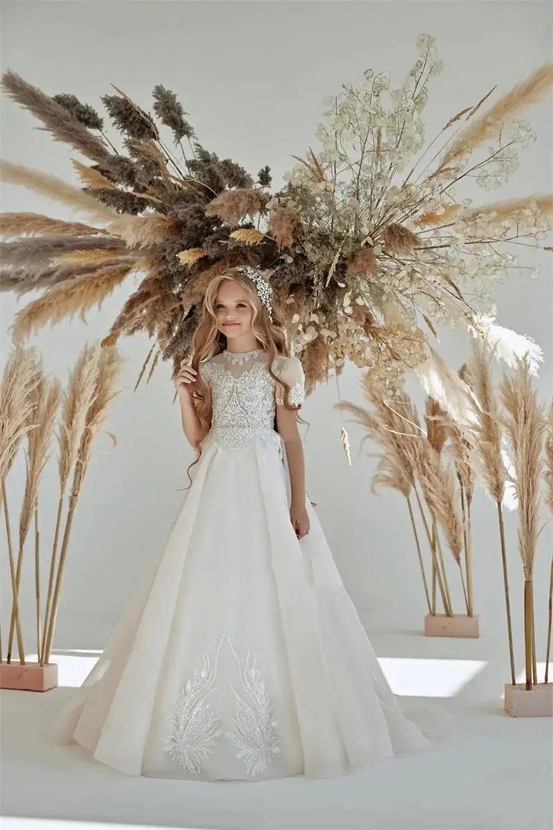 

Elegant Ivory White Applique Short Sleeve Tulle Puffy Flower Girl Dress For Wedding Child First Eucharistic Birthday Party Dress