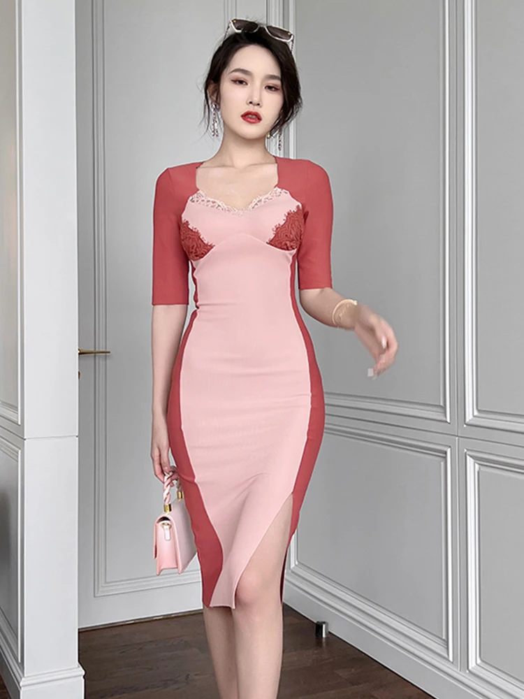 

Dating Elegant Club Dress Women Ribbed Square Collar Lace Patchwork Midi Robe Female Bodycon Skinny Slit Dress Street Clothes