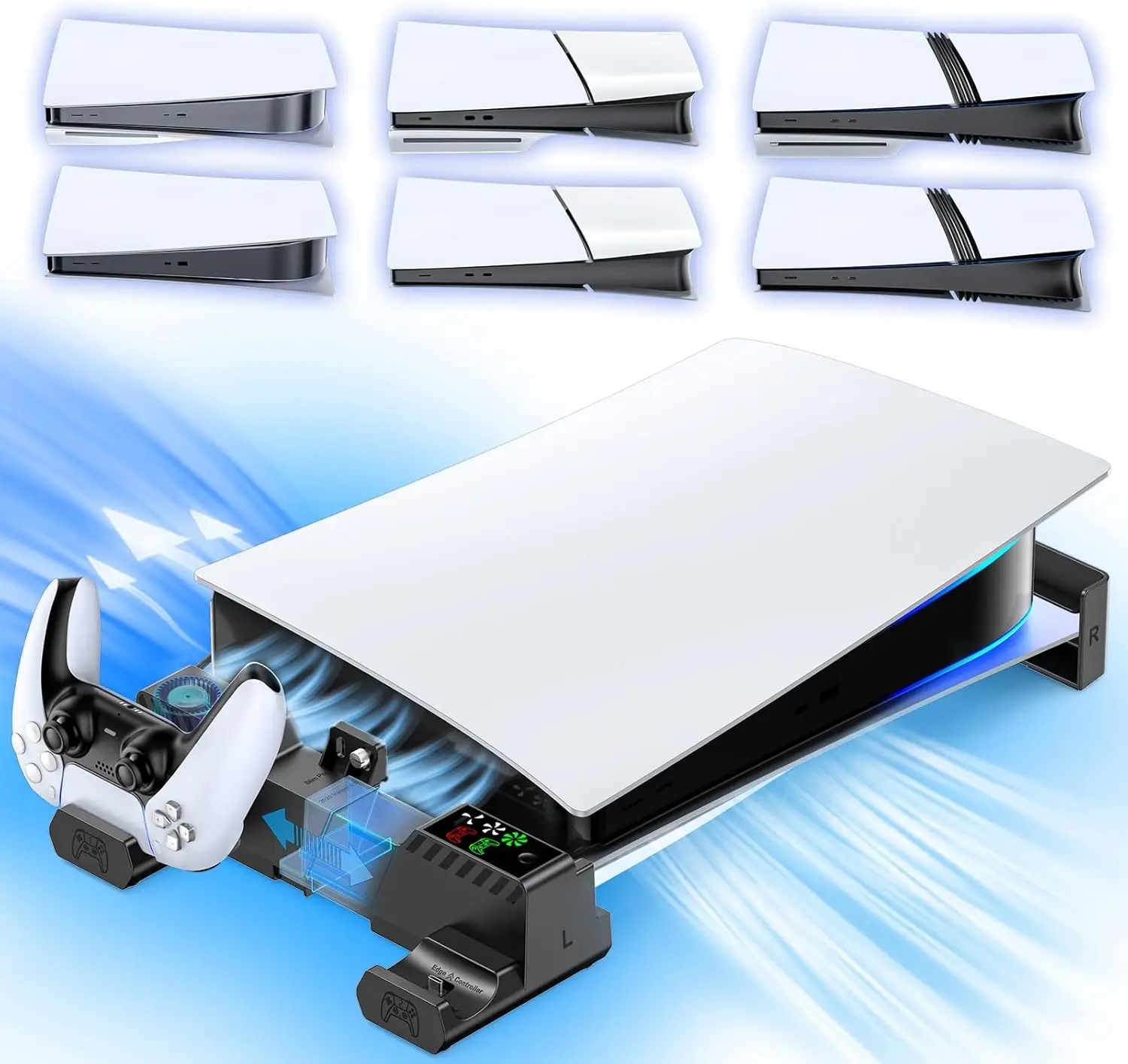 Support horizontal PS5/Slim/Pro avec ventilateur de refroidissement – Chargeur PS5 pour contrôleurs originaux et Edge, support de conception évolutif pour tous les PS5